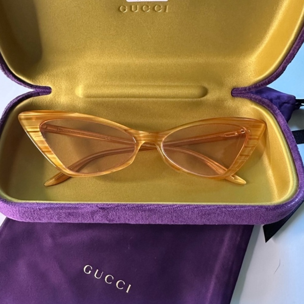 Gucci Cat Eye Sunglasses Yellow Acetate Frame‎ Pink Lens GG Logo with Case